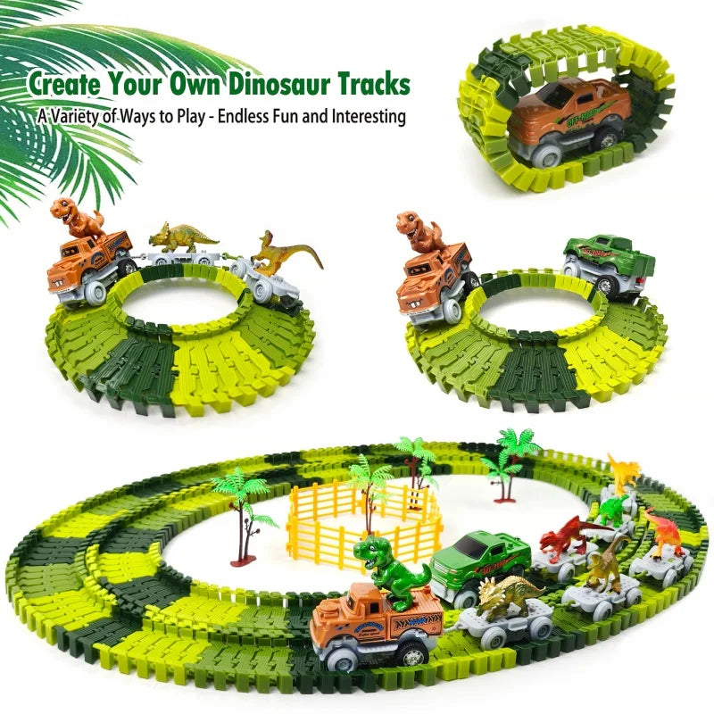 A set of dinosaur train tracks featuring various dinosaurs and a mist-spouting volcano on a green and yellow track.