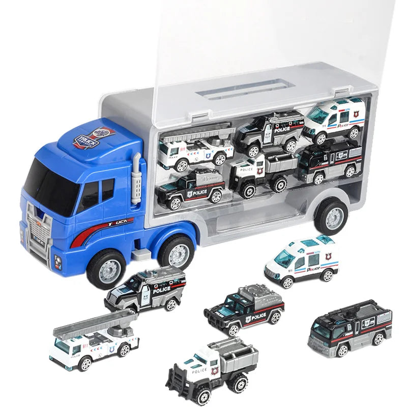 A blue die-cast construction truck set with a gray transporter and various police vehicles.