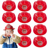 A set of red firefighter helmets for kids shown from the top and side views.