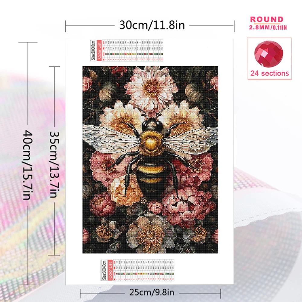 A diamond painting kit featuring a bee and flower design on a square canvas with a grid for sections.