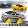 A yellow pickup truck track car toy car and a gray sports car model are shown on a surface.
