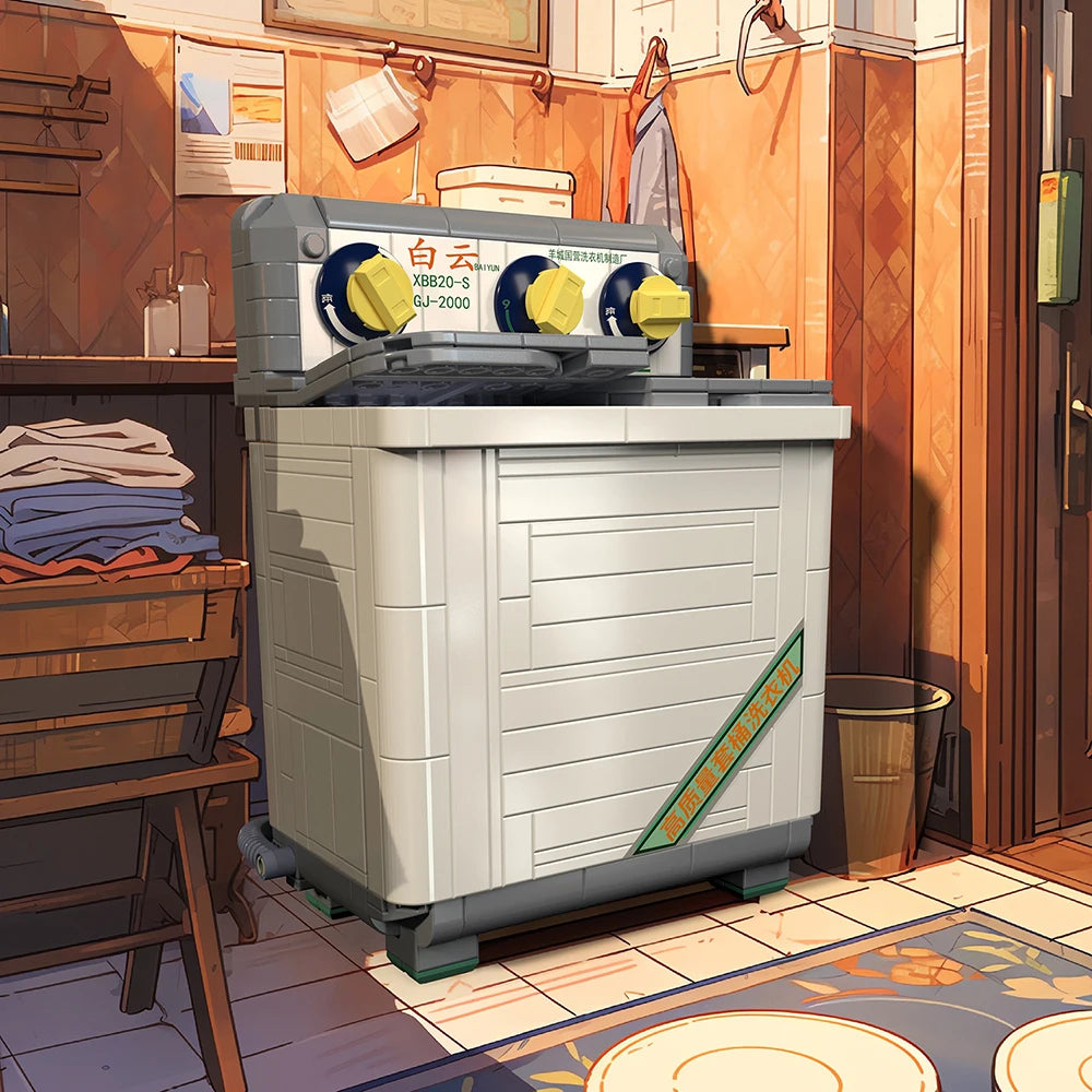 A vintage-style retro radio building block set is displayed on a wooden shelf in a brightly lit room.
