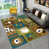 A colorful alphabet cartoon rug featuring various animal characters like cats, bears, and birds for a playroom.