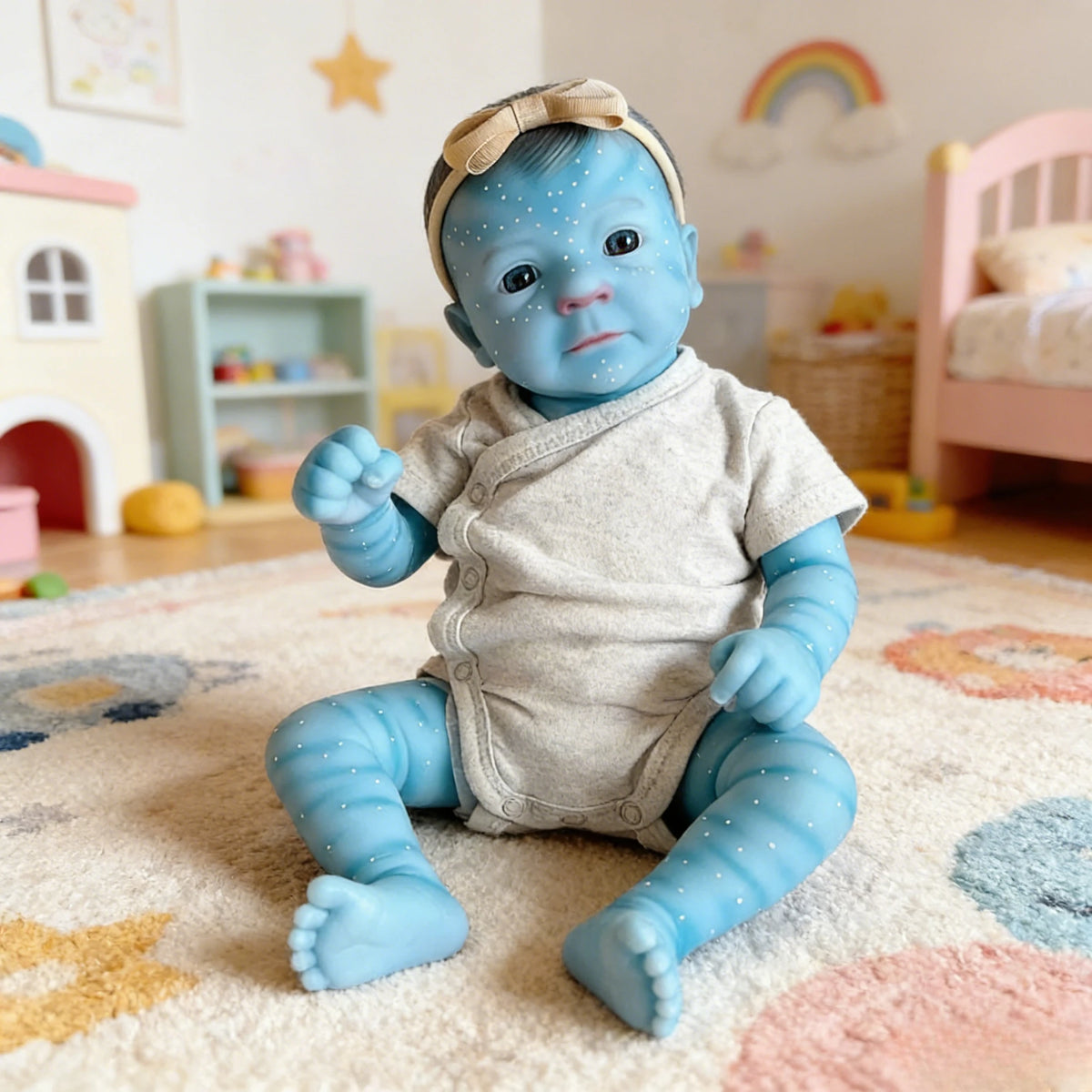 A handcrafted reborn baby doll with blue skin and features, wearing a light gray outfit, sitting on a fluffy rug.
