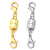 A pair of gold and silver magnetic clasps for jewelry making, showing various metal connectors.