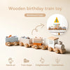 A wooden birthday train toy set featuring numbered cars used for Montessori educational play.