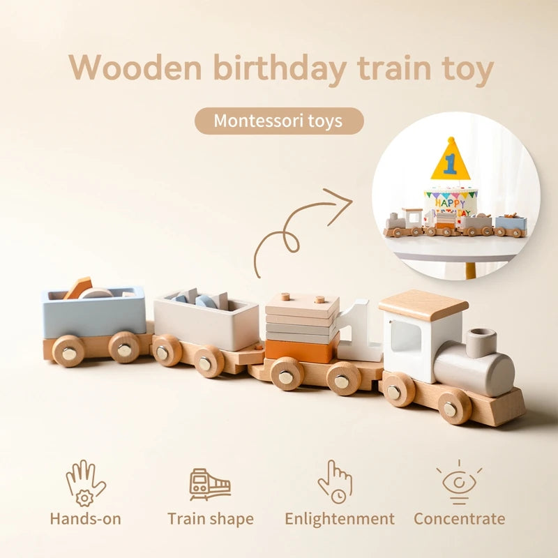 A wooden birthday train toy set featuring numbered cars used for Montessori educational play.