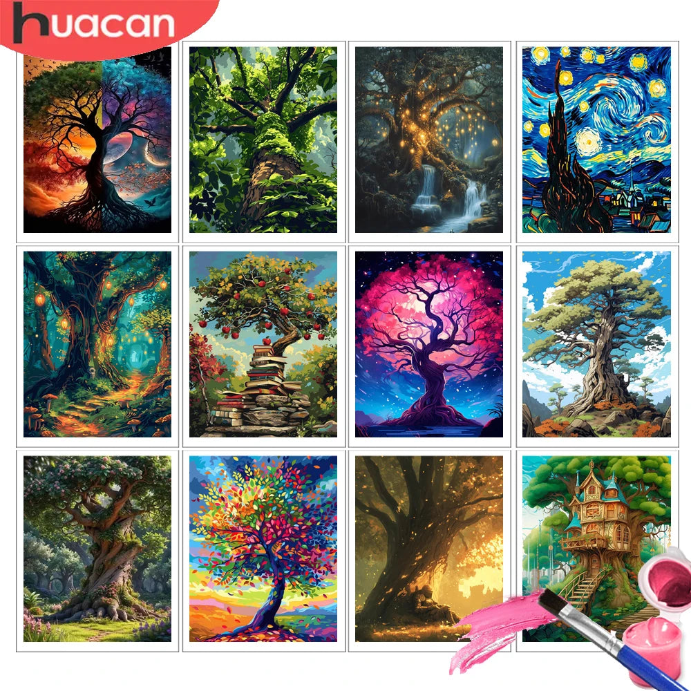 A collection of vibrant landscape paintings created by numbers, featuring trees, nature scenes, and colorful foliage.