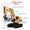 Yellow plastic or alloy model excavator with rubber tracks and various features like a simulation hydraulic rod and realistic