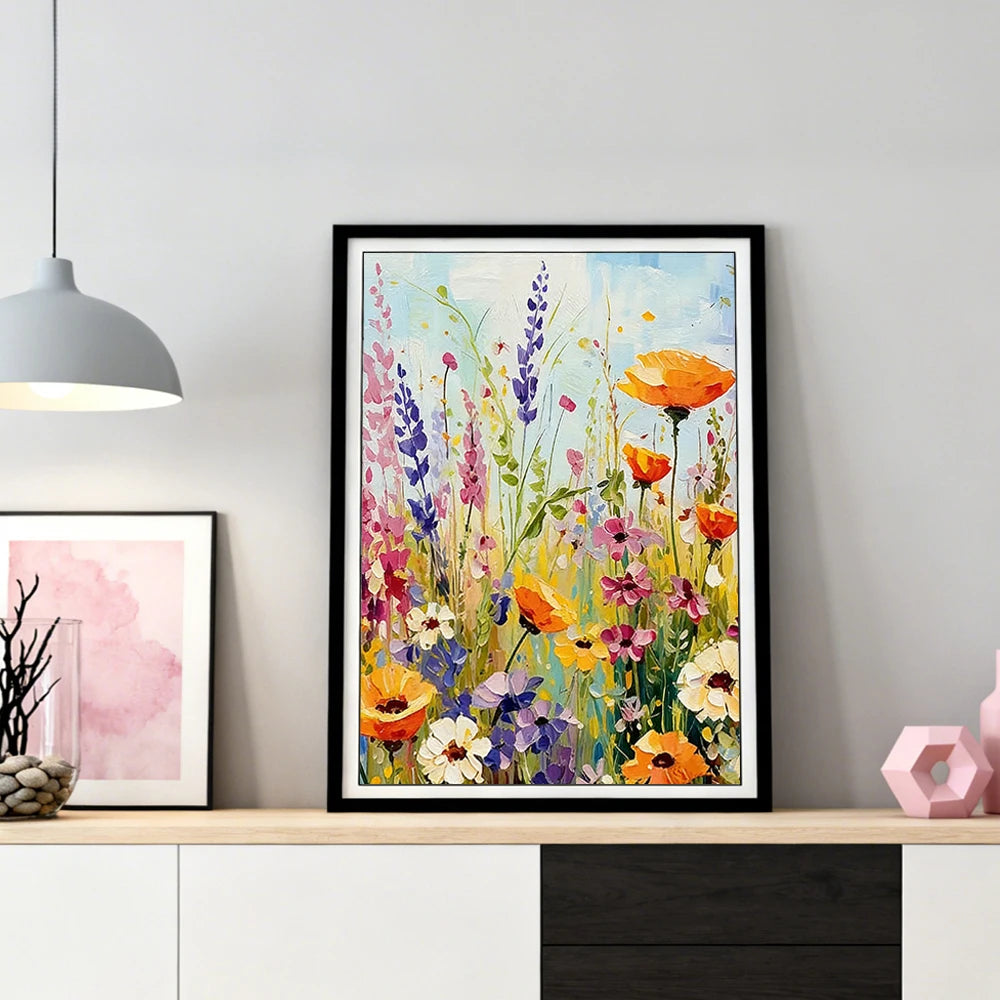 Diamond painting art featuring a vibrant field of purple, pink, and orange wildflowers.