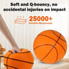 An orange soft Q-bouncy basketball is shown next to a person's hand, emphasizing its impact safety.