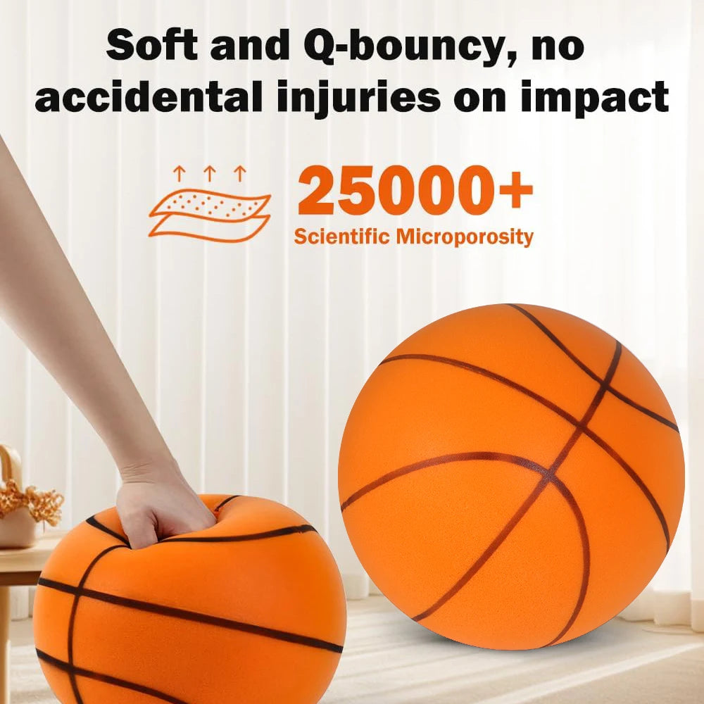 An orange soft Q-bouncy basketball is shown next to a person's hand, emphasizing its impact safety.