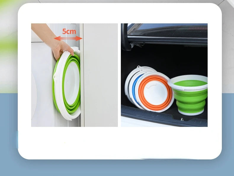 A hand measures 5cm on a white appliance, demonstrating the size of a space-saving collapsible bucket with a lid.