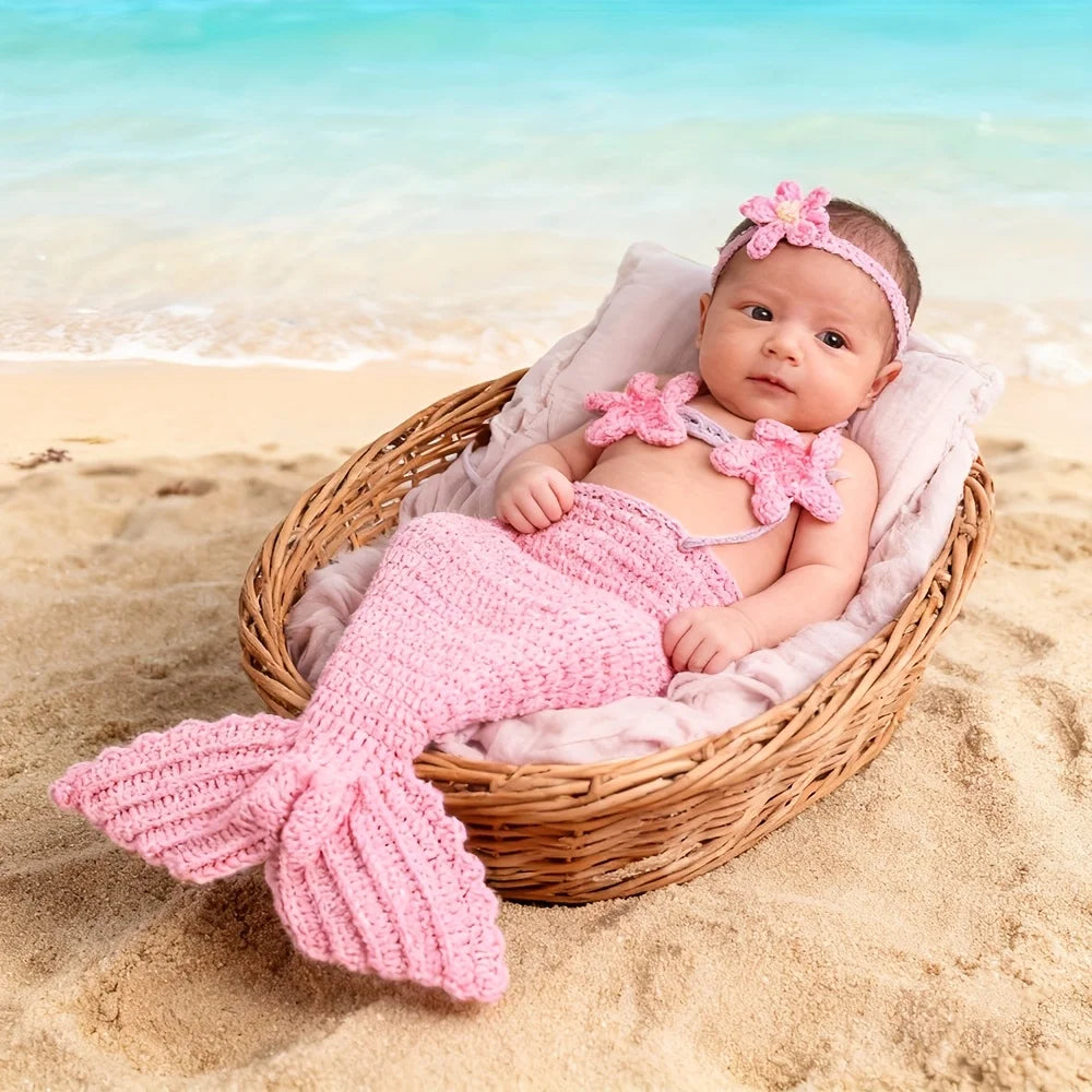 A newborn baby wearing a pink knit mermaid tail skirt and a matching headband is resting in a wicker basket on a sandy beach.