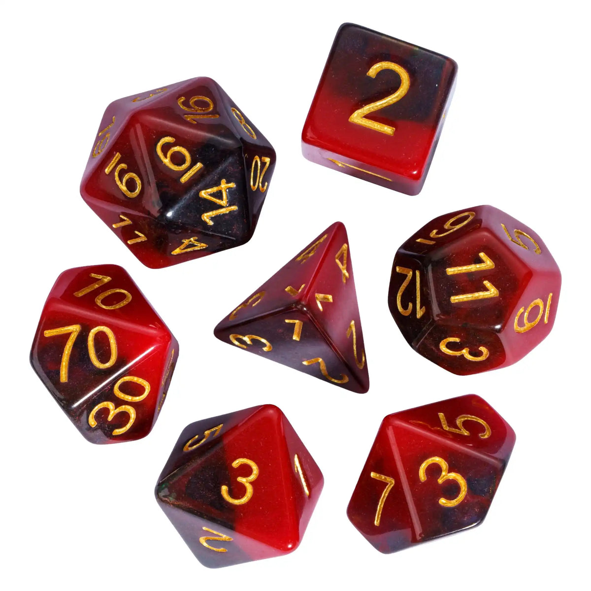 A set of red and black polyhedral dice including a d6, d8, d10, d12, and d20.