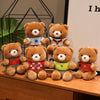 A collection of adorable teddy bear plush toys wearing football jerseys in various colors and numbers.