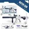 A black electric water gun toy rifle is shown with accessories and a charging cable.