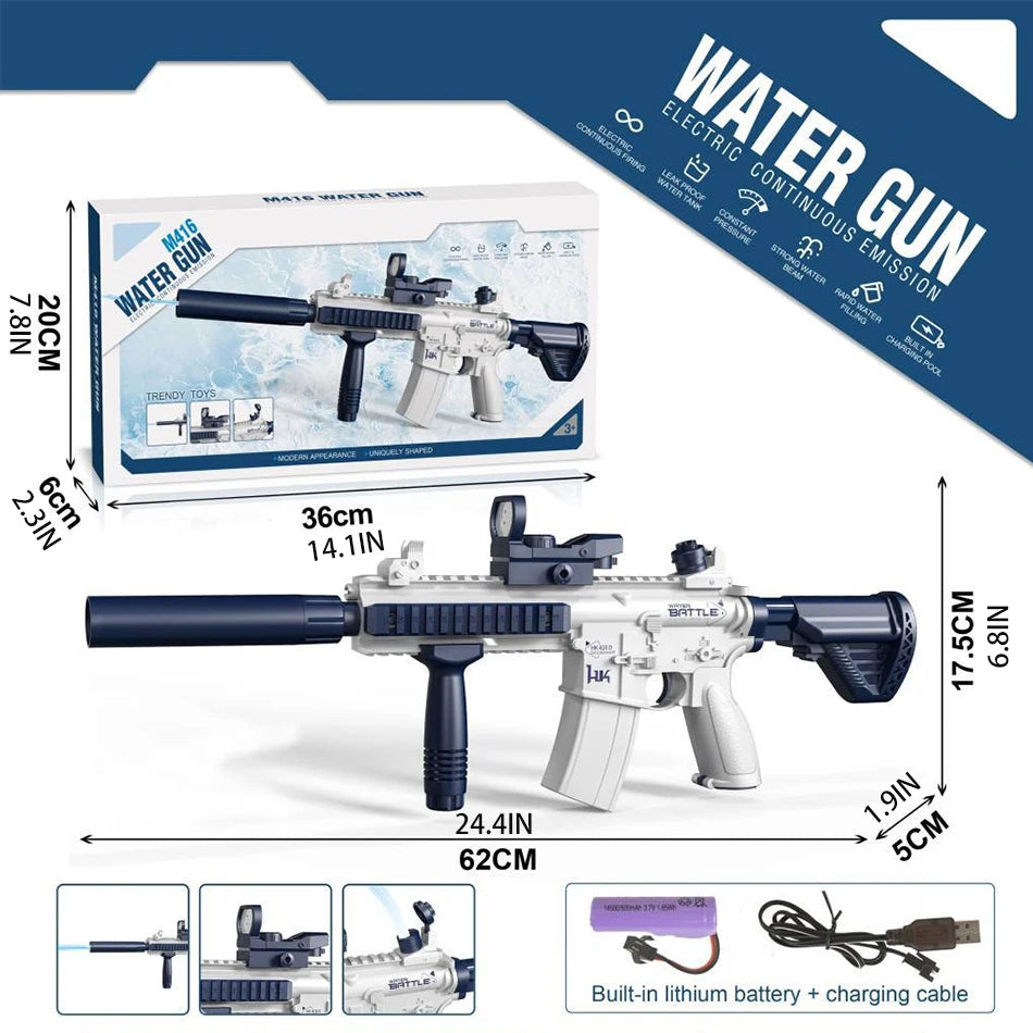 A black electric water gun toy rifle is shown with accessories and a charging cable.