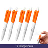 Five orange squirt water spray ballpoint pens shown against a white background.