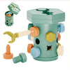 A Montessori screwdriver board toy for toddlers showing various tools and shapes in green and orange colors.
