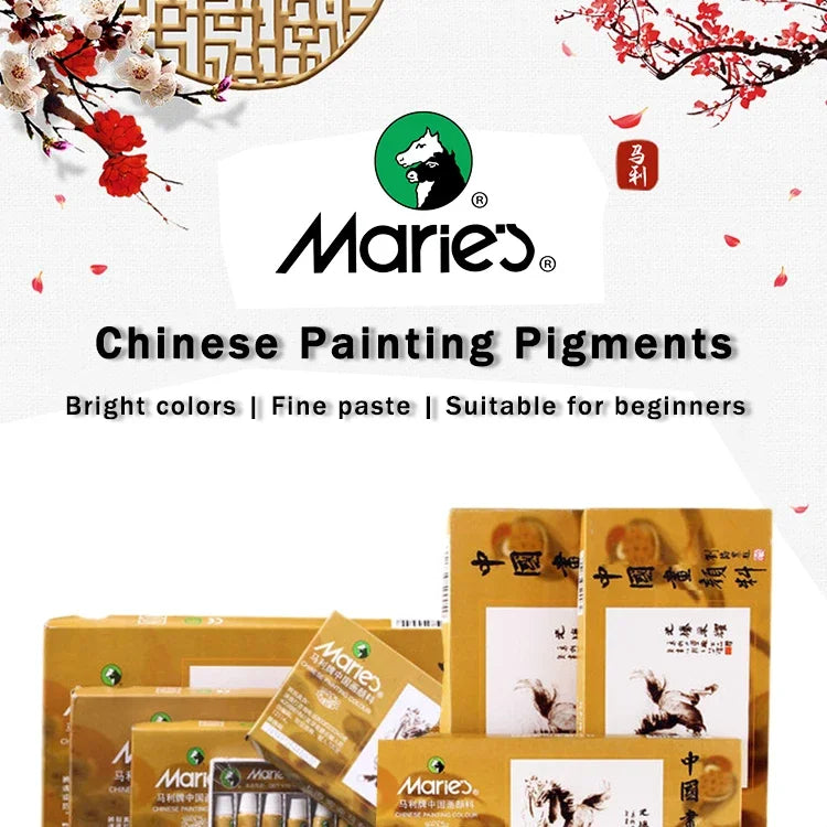 A set of Marie's Chinese Painting Pigments in various color tubes and boxes for artists.
