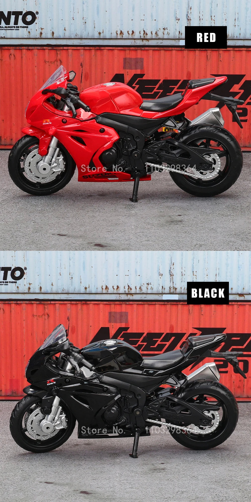 A red 1:18 scale die-cast motorcycle model of a classic sport bike replica shown in a studio setting.
