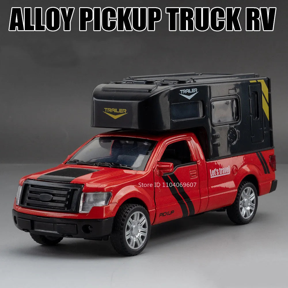 A red Ford pickup truck with an alloy pickup trailer mounted on the back, shown in a studio setting.