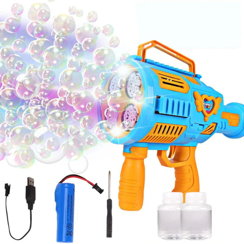 A blue bubble blaster toy is shown firing glowing bubbles, with a black refill bottle and a clear liquid bottle nearby.