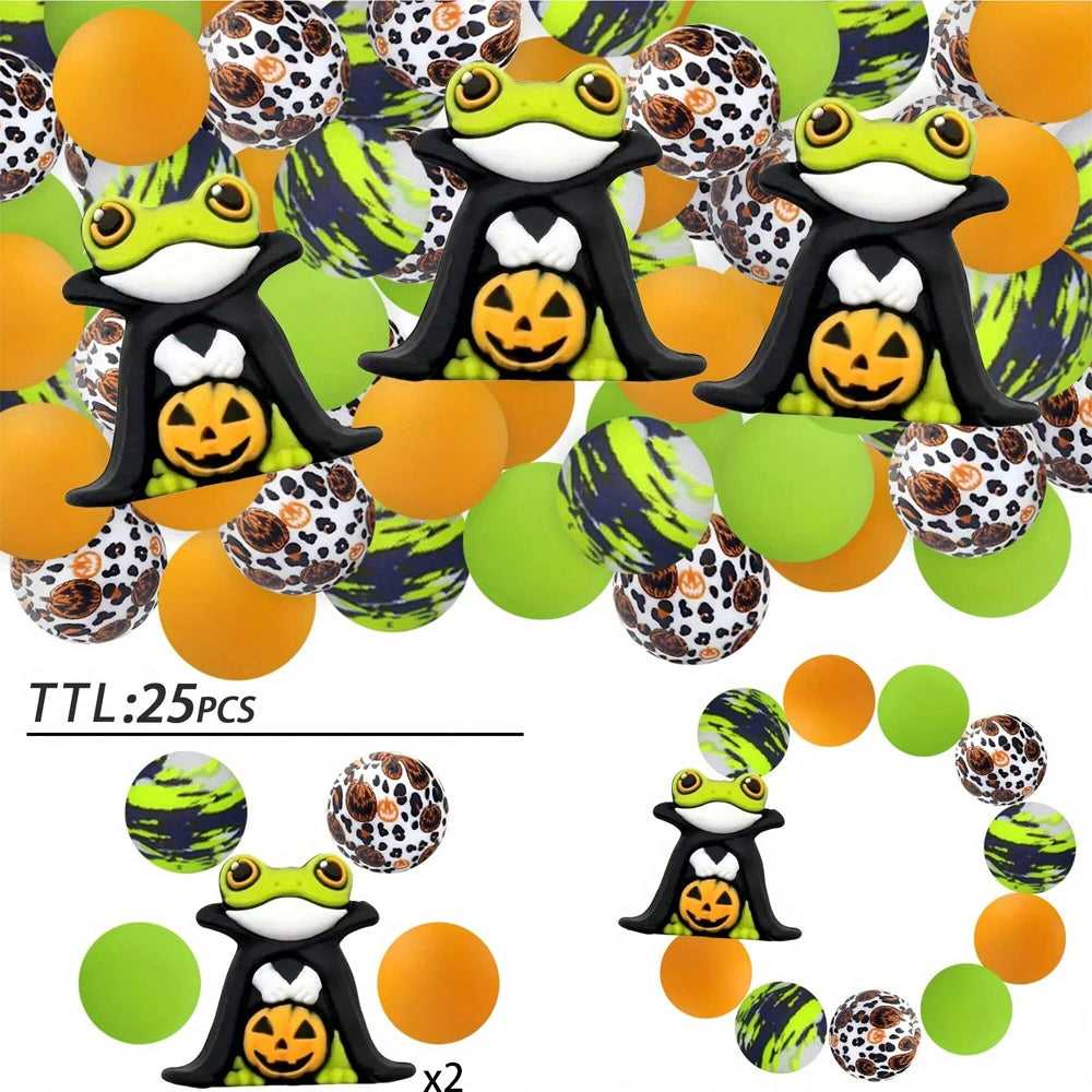 A set of 25 Halloween silicone beads in various colors and patterns for jewelry and crafting.