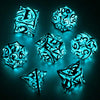 A set of twelve glowing blue polyhedral dice, shaped like stars or crystals, are displayed against a dark background.