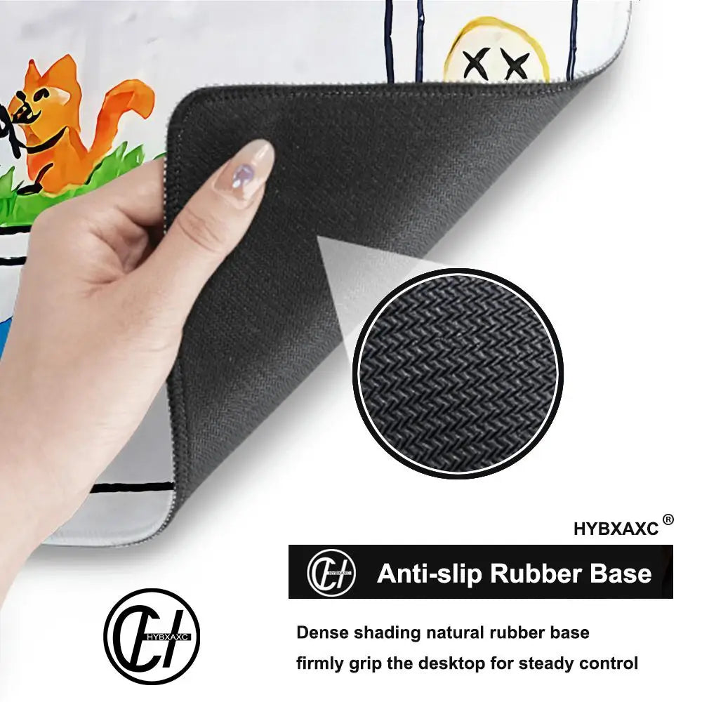 A close-up of a black anti-slip rubber base on a gaming mouse pad with stitched edges.