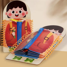 A wooden multi-layer busy board featuring a smiling child cutout and colorful layered components for toddler learning.