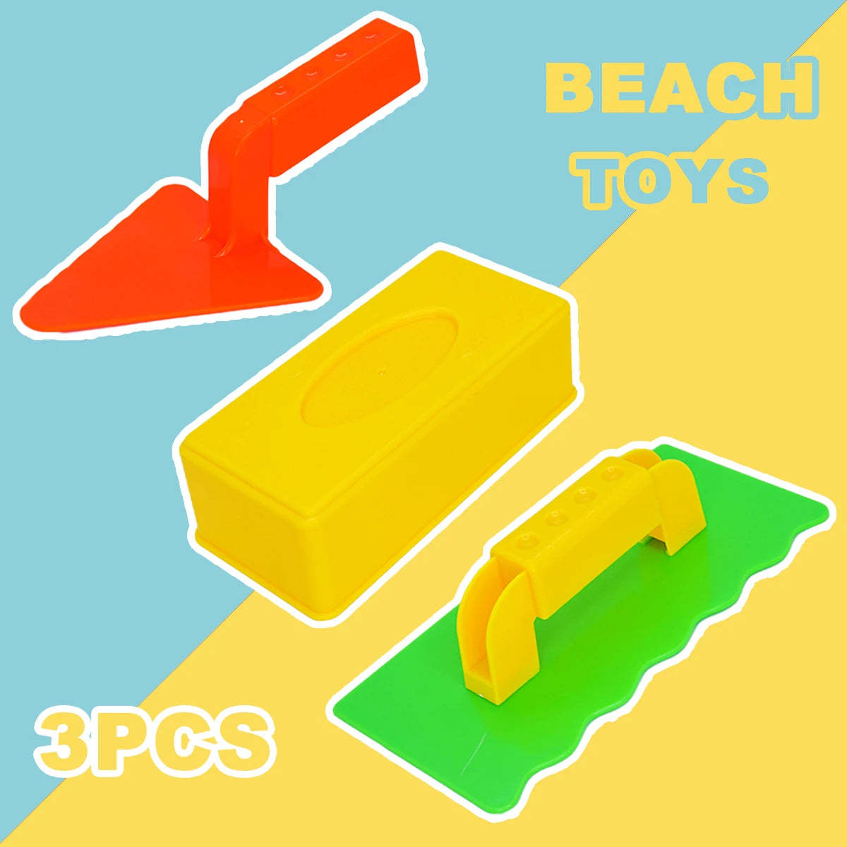 A set of three orange and yellow beach toys, including a mold kit for making sand and snow creations.