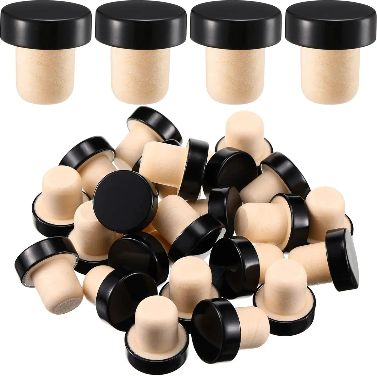 A set of ten reusable black and beige T-shaped wine bottle stoppers arranged in a cluster.