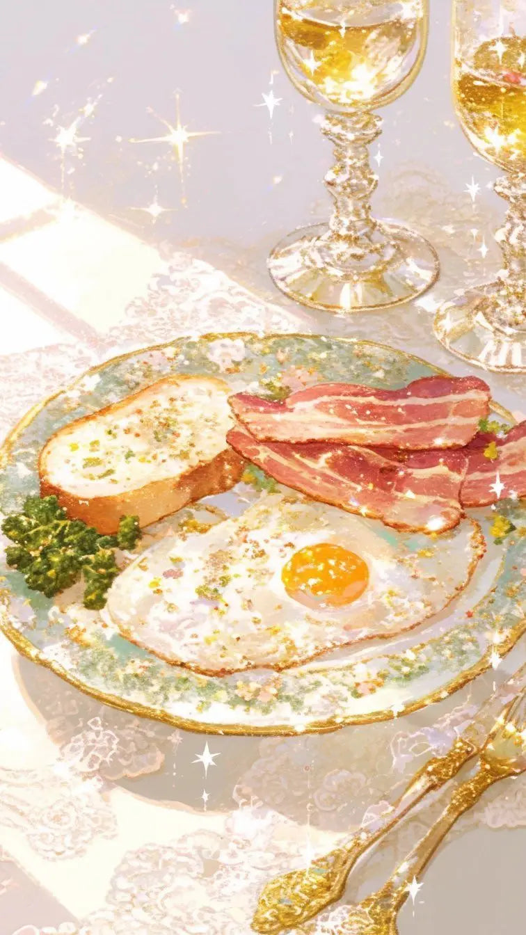 A plate of breakfast featuring fried eggs, bacon, and toast, set against a light background with sparkling accents.