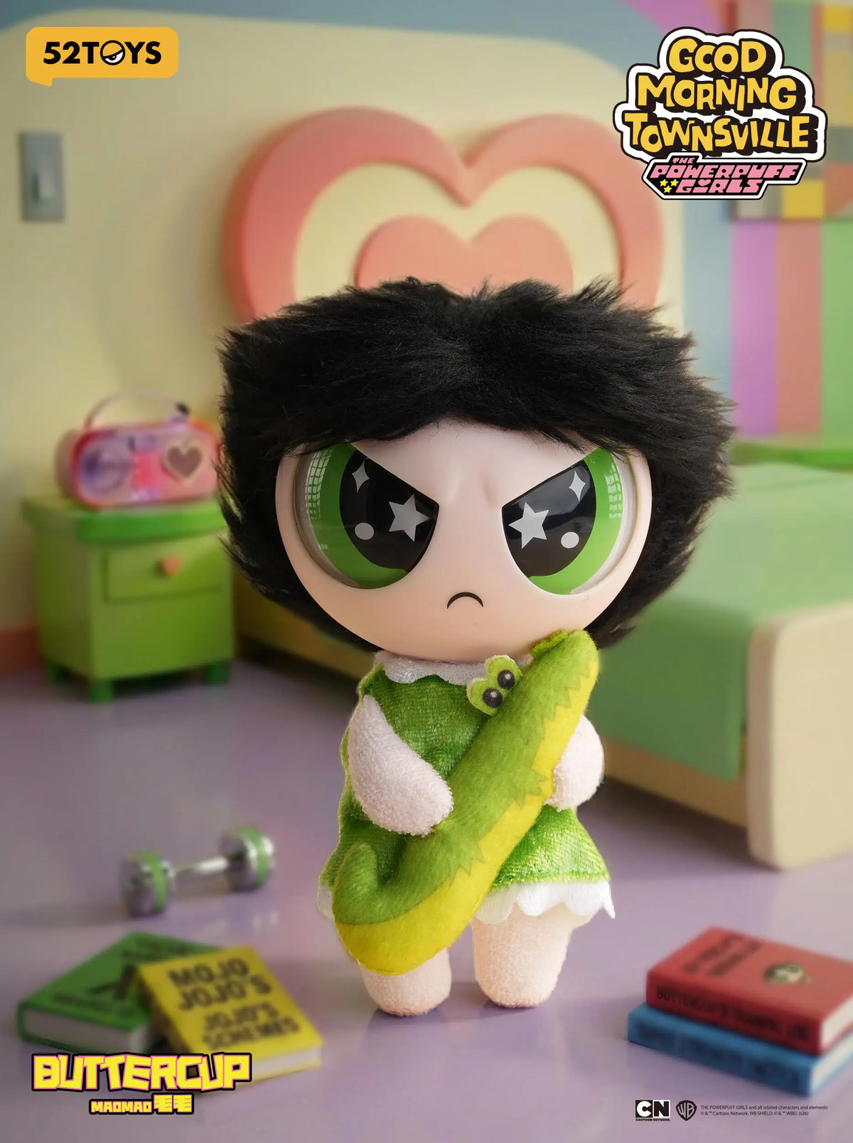 A collectible figure of Blossom from The Powerpuff Girls, featuring black hair and green eyes, displayed in a studio setting.