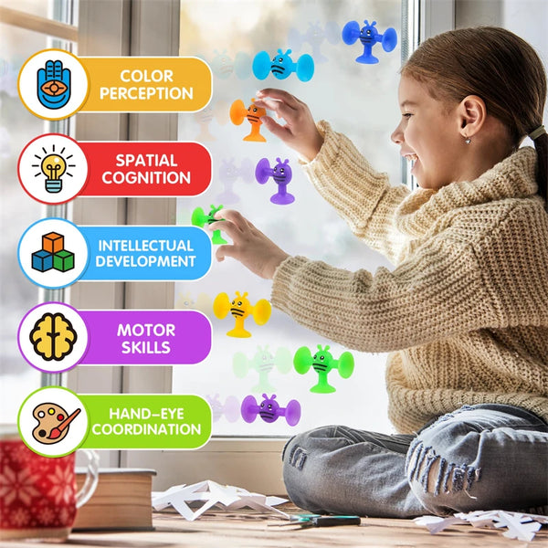 Une jeune fille interagit avec des blocs de construction en silicone colorés, démontrant diverses compétences cognitives et m