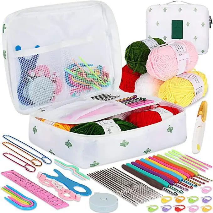 A white organizer case holds a 59-piece beginner crochet kit including yarn, needles, and accessories.