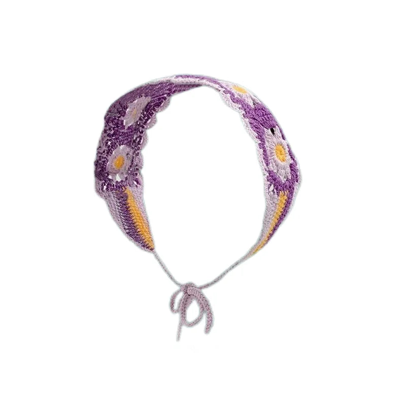 Purple and yellow strawberry crochet headband with a tied loop