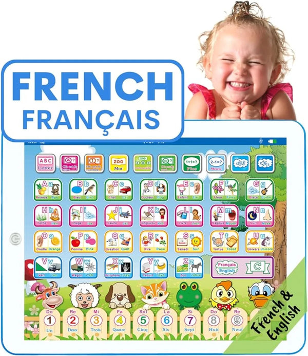 A colorful bilingual learning tablet featuring French and English alphabet letters and numbers for children.