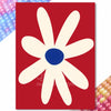 A diamond painting design featuring a white daisy with a blue center on a red background.