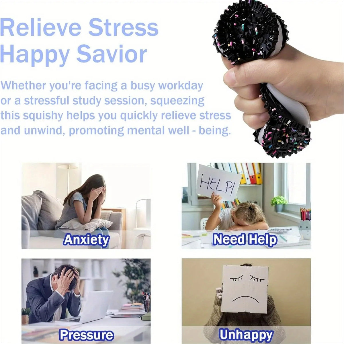 A hand squeezes a black and pink squishy stress relief toy used to relieve anxiety, pressure, and unhappiness.