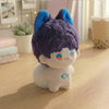 A purple and blue anime plush character with large ears sitting on a wooden surface.