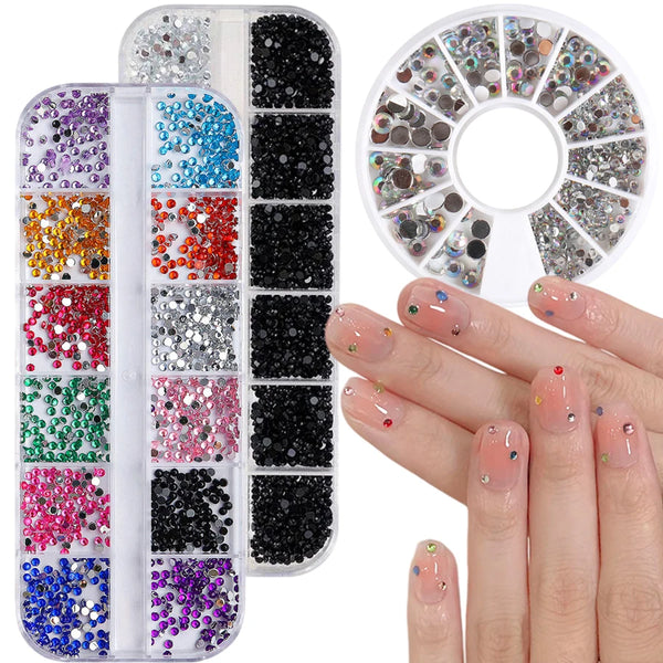 A collection of 12 colors of glass AB rhinestones for nail art, displayed in various compartments and a circular arrangement.