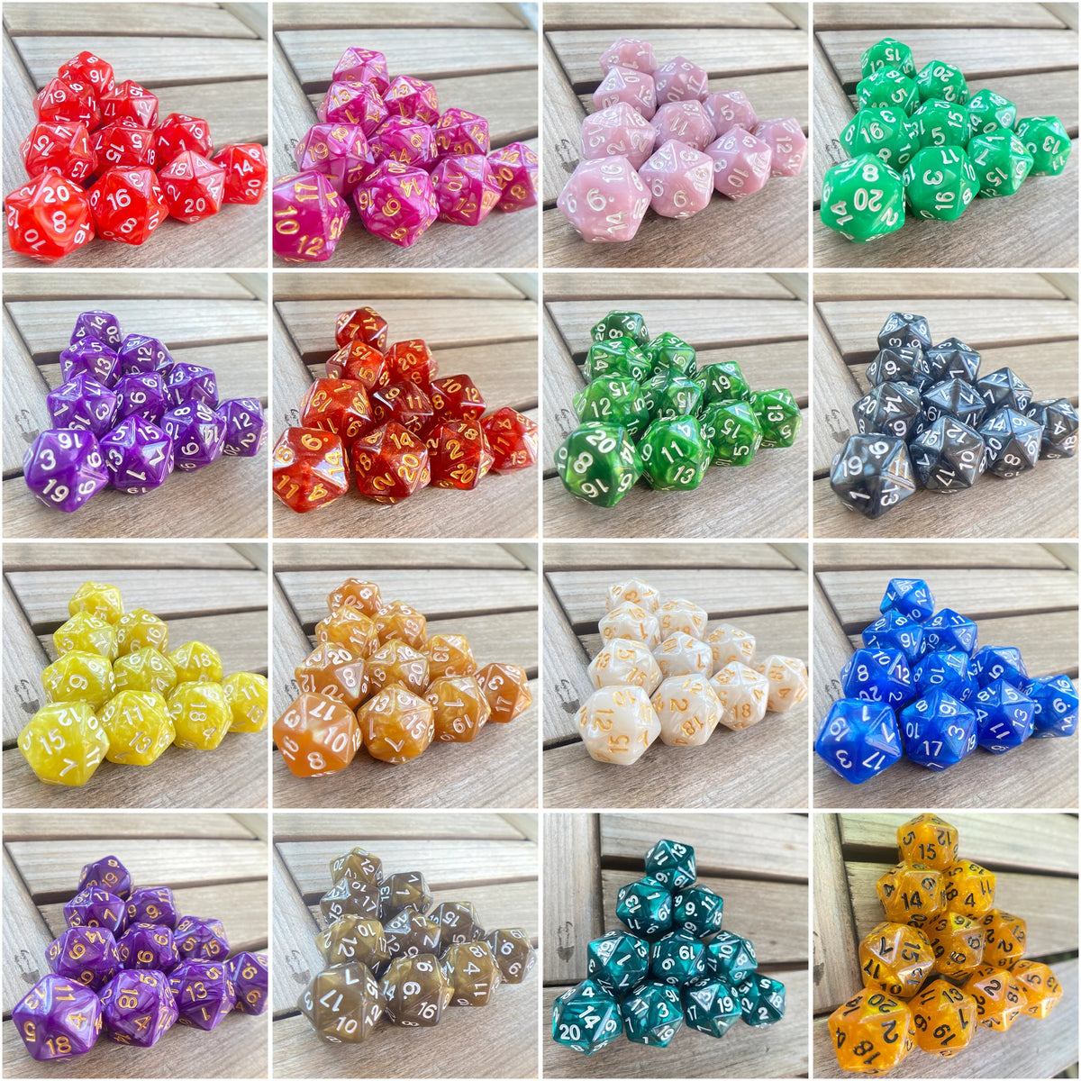 A collection of ten pearl acrylic D20 dice in various colors and patterns for role-playing games