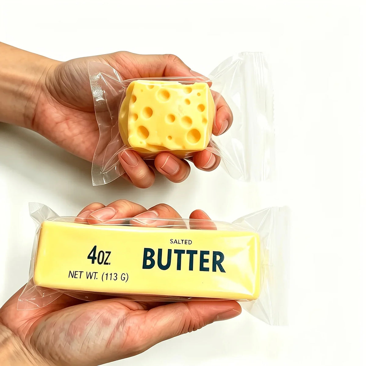 A hand holds a yellow butter squeeze stress relief food-shaped squishy in a clear plastic bag.