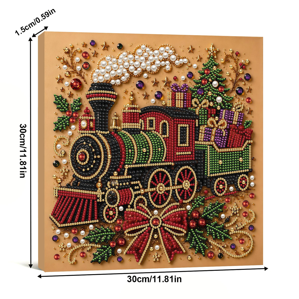 A framed diamond painting depicting a festive train decorated with pearls, jewels, and greenery.