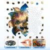A jigsaw puzzle depicting a wooden forest scene with a deer silhouette at sunset, featuring vibrant colors and textures.