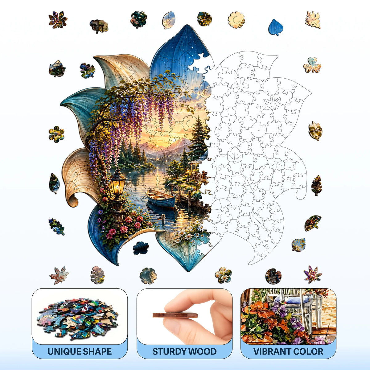 A jigsaw puzzle depicting a wooden forest scene with a deer silhouette at sunset, featuring vibrant colors and textures.