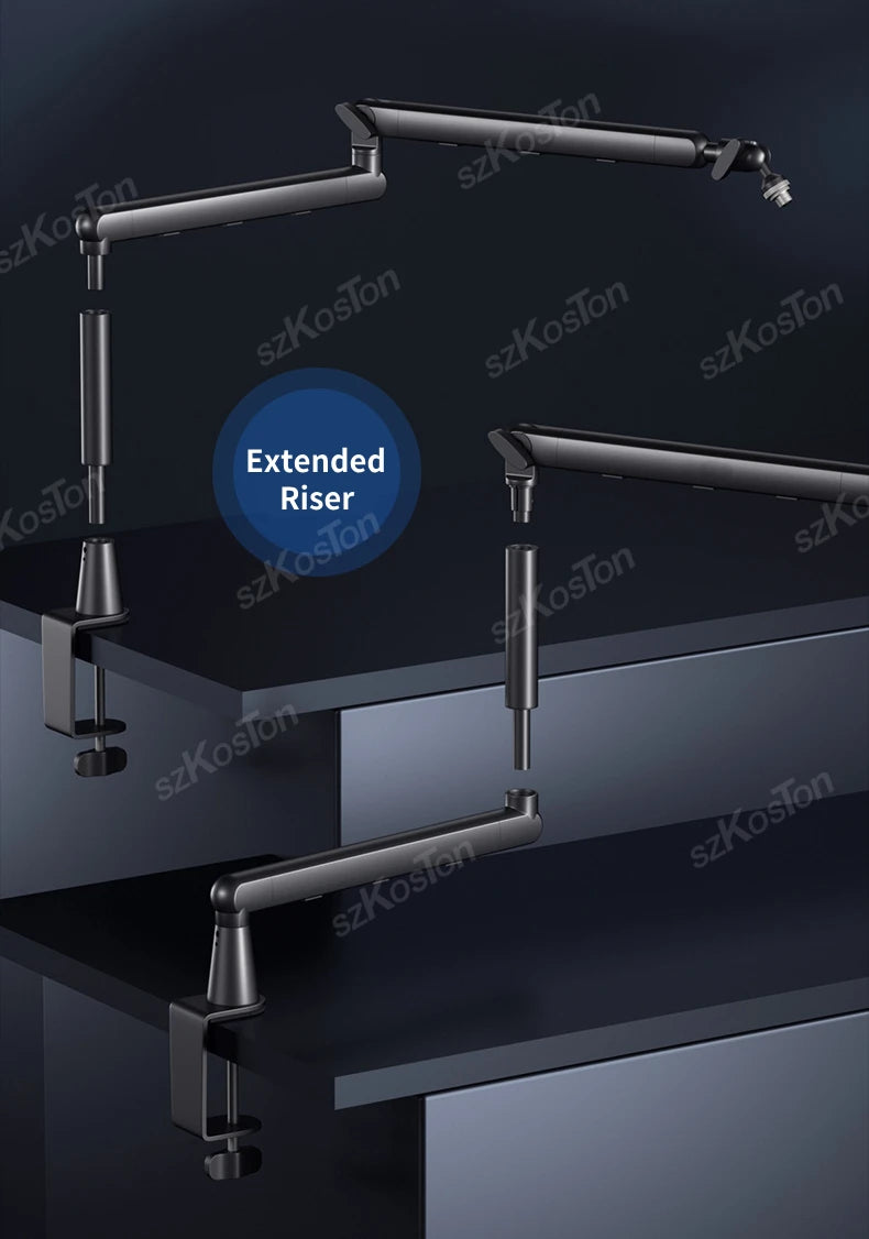 A black low profile microphone arm with cable management and an extended riser mounted on a dark surface.